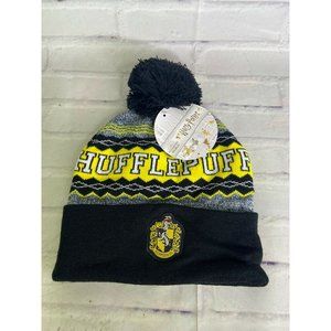 Harry Potter Hufflepuff Logo Crest Knit Cuff Pom Beanie Hat Cap Adult OSFM